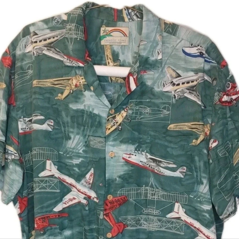 Paradise Found Pacific Airlines Hawaiian Shirt XL Airplanes Planes Green Avaitor